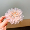 Pink lace princess crown hair clip for girls with pearl and silver mesh details - Coral Pink