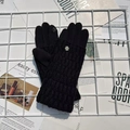Women's black thermal knitted winter gloves with sparkling rhinestone flower and touch screen tips - Black