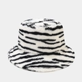 Close-up of zebra pattern faux fur texture on a thick warm plush bucket hat - M (56-58cm) / Black
