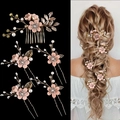 Parure de cheveux mariage avec fleurs roses, perles et feuilles dorées pour la mariée - Rose Ensemble de 5 Pièces