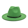 Detail of lime green wool fedora hat featuring a black leather belt with metal buckle - M (56-58cm) / Grass Green