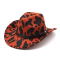 Filzhut mit flacher Krempe, orange-schwarzem Kuhmuster und Metallblumen-Dekoband - M (56-58cm) / Orangerot