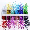 12-grid box of multi-colored heart nail art sequins in rainbow gradient shades - 12 Grids Laser Multi-Color Heart Sequins