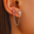 Silver crown earring set with chain and round cubic zirconia for multi-piercing - Crown Chain Multi-Piercing Stud (10252) / White K / Silver