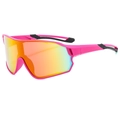 Pink oversized sports sunglasses with vibrant red-yellow gradient mirrored lenses - Rose Red Frame Red Mirror