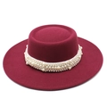Detail of burgundy wool boater hat featuring elegant multi-row white pearl decorative band - M (56-58cm) / Burgundy