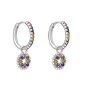 Detail of silver hoop earrings with multicolored cubic zirconia in a micro-pave setting - Silver Hoop Round Dangle - Multicolor