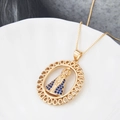 Collier pendentif Vierge Marie doré avec des accents de zircone bleu foncé brillant - Ovale Ajouré Or Vierge Marie-359