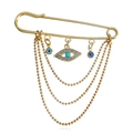 Gold safety pin brooch featuring layered bead chains and crystal evil eye charms - Gold (ZW872)