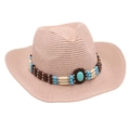 Bohemian western straw hat featuring turquoise bead accents and breathable sun protection - Light Pink
