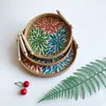 Three-piece nesting woven rattan trays with colorful floral pattern and wood handles - Red, Blue & Green / Three-Piece Set