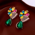 Macro detail of luxury drop earrings with emerald pear stone and colorful cubic zirconia - Peacock Opening Colorful Style (18#)