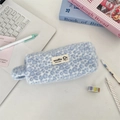 Blue leopard print faux fur makeup bag with soft texture and side carry handle - Blue