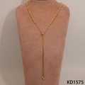 Elegant gold Y-shaped necklace with rice beads and round zircon pendants on a pink bust - Gold Rice Bead Necklace (KD1575)