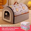 Semi-enclosed warm pet house with strawberry print and thick plush blanket - Small (50x39x36cm) / Gray Thickened (Random Color Blanket) / Mixed Colors