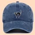 Dark blue washed cotton baseball cap with green-eyed cat embroidery for adult casual wear - Blue