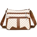 Women's multi-pocket crossbody bag in beige leather with brown geometric pattern print - Cream White Print