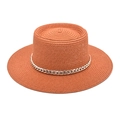 Detail of brick red boater hat with fine straw texture and silver metal chain band - M(56-58cm) / Caramel color