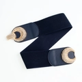 Elastic wide belt in navy blue with a golden crescent-shaped textured metal buckle - Navy Blue