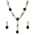 Parure de bijoux vintage dorée avec roses vertes en résine et cristaux bleus - Parure Collier Boucles d'Oreilles Rose Verte (WG-1194) / Vert Émeraude (WG-1194)