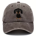 Detail shot of washed cotton baseball cap featuring a cute cartoon dachshund embroidery - One Size / Washed Coffee