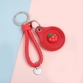 Red braided leather keychain holder featuring a cute strawberry 3D charm and metal ring - Hand Strap Style - Round Strawberry