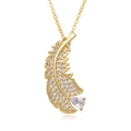 Golden feather pendant necklace with inlaid zircon stones and teardrop crystal detail - Inlaid Feather Style (F214)