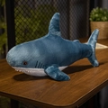 Dark blue shark plush toy with soft white belly and embroidered details on wooden table - 30cm / Blue