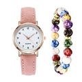 Orologio al quarzo luminoso con cinturino in pelle rosa opaca e set di bracciali con perline - Rosa + Braccialetto
