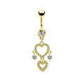 Macro detail of gold belly ring featuring heart pendants and sparkling clear diamonds - Full Drill Heart Bowknot Style (BR3122310) / Gold