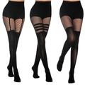 Detail of black patchwork fishnet tights showing high waist and faux thigh-high stocking design - Mesh Suspender And Triple Stripe And Patchwork Combo / Black