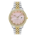 Close-up of diamond-set watch with pink mother-of-pearl dial and two-tone gold band - Two Tone Gold Pink