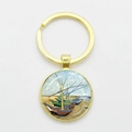 Golden keychain with Van Gogh Fishing Boats on the Beach glass cabochon art pendant - Gold-Fishing Boats on the Beach