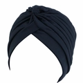 Ethnic pleated turban hat for women in navy blue knit fabric with knot detail - One Size / Dark Navy Blue