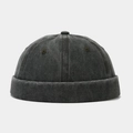 Close-up of vintage washed charcoal grey brimless cap with textured cotton fabric - Army Green