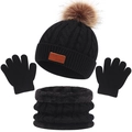 3-teiliges Strickset für Kinder: schwarze Mütze, Schal und Handschuhe mit braunem Bommel - Schwarzes 3-teiliges Set mit einem Bommel