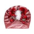 Dettaglio turbante neonato in velluto rosa con fiocco scozzese rosso e pompon in pelliccia - Rosa antico