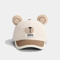 Winter baby baseball cap with bear ears in cream white and brown corduroy brim - Bear Nose Style / White