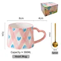 Pink checkered ceramic heart mug set with gold spoon and floral gift box packaging - Lozenge Heart (With Spoon)