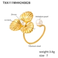 18k gold plated stainless steel flower ring with pearl and zircon inlay detail - Zircon Flower Pearl Open Ring (TXA111) / Gold