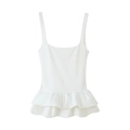 Detail of white camisole top featuring a U-shaped neckline and layered ruffle hem - S / White
