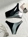 One-shoulder black and silver bikini set with geometric cut-out and metallic finish - S / Silver