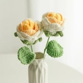 Handmade crochet rose bouquet with yellow-white gradient petals in a white ceramic vase - Woven Rose (Finished) / Gradient Yellow (Toothed Large Leaf with Wire)