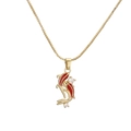 Golden fish pendant necklace with red enamel and crystals on a thin box chain - Gold Enamel Small Fish