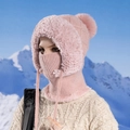 Cagoule de ski rose pâle en maille avec bordure en fausse fourrure et pompon chaud - Rose