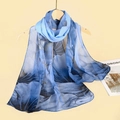 Elegant gradient light blue chiffon scarf with navy lotus floral leaf prints - Blue Green Gradient Lotus