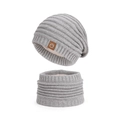 Winter two-piece grey cable knit hat and neck warmer set with warm fleece lining - Light Gray