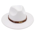 Detail of white fedora hat featuring golden feather metal and ethnic woven band - White (Gold Feather)