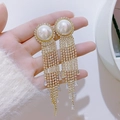 Elegant gold drop earrings with white pearl and sparkling long zircon tassel fringe - White Large Pearl Zircon Tassel Earrings (E0206)