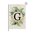 Outdoor garden flag with monogram letter G and green leaves on burlap fabric - Letter G